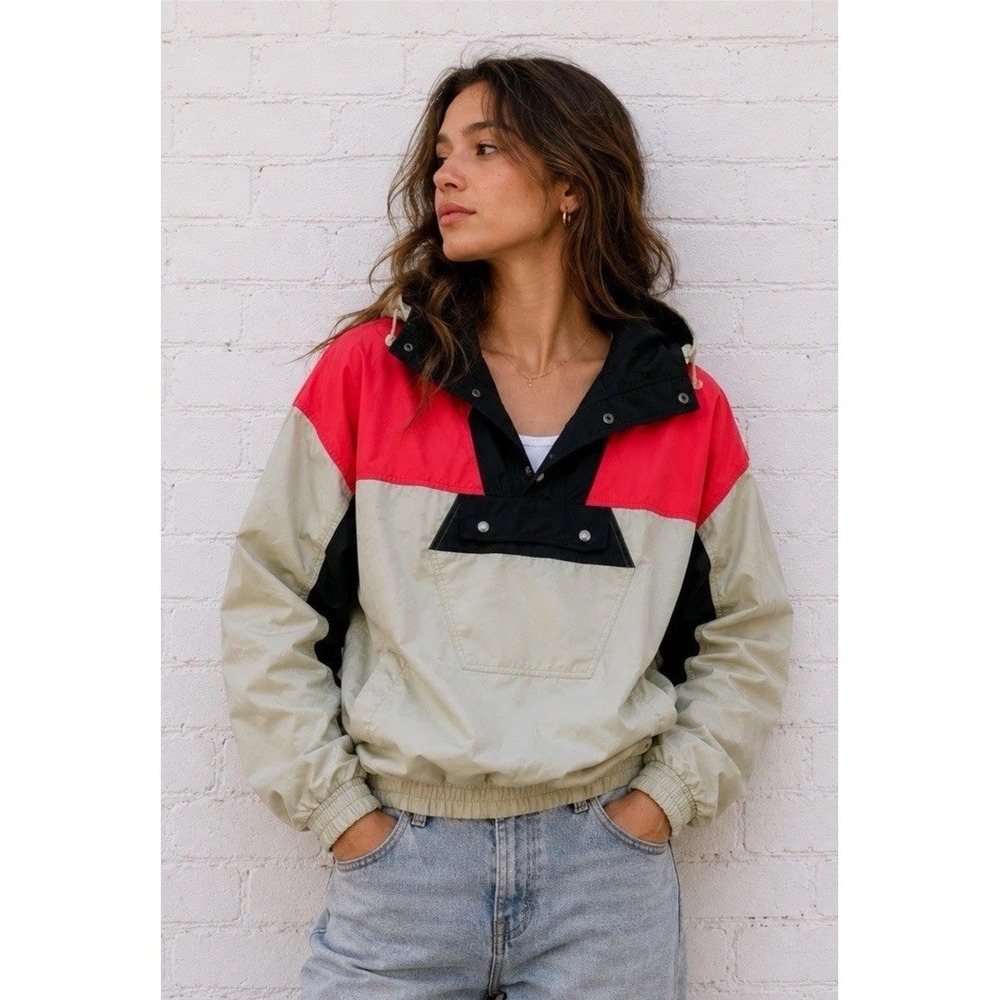 Vintage 90s Windbreaker Beige Orange Black‎ Windbreaker Jacket Lined Size XLarge